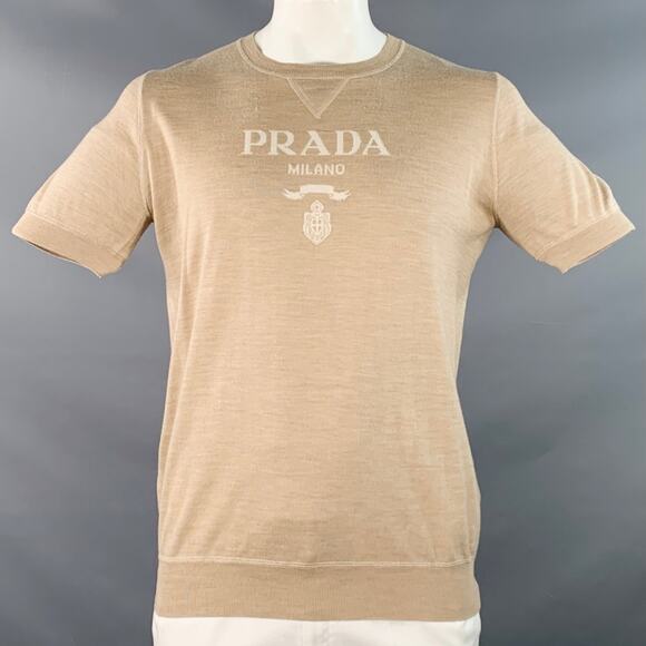 PRADA L Beige Cream Logo Cashmere Wool Jersey Short Sleeve Crew Neck Pullover - Picture 1 of 9